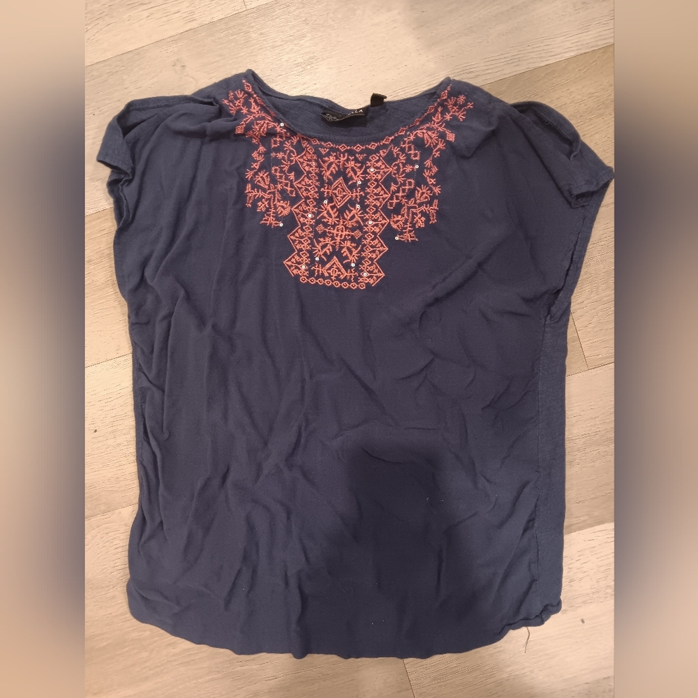 Rafaella Navy Short Sleeve Top with Coral Embroidery